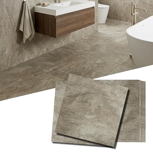 Peel and Stick Floor Tiles, 12 Sq.Ft Waterproof Vinyl Flooring, Thick Beige-Brown Marble Look Tiles, Durable Slip-Resistant Tiles for Bathroom, Kitchen & Renter-Friendly DIY Home Upgrade(12”x12”) | 12 Sq.Ft 12x12 Marble Look Tiles, Durable Water&Oil Re...