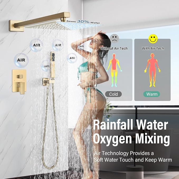 Shower Faucet Rain Shower System with 8 Inches Rainfall Shower Head and Handheld Spray Combo Bathroom Shower Faucet Set Complete Brushed Gold Shower Valve and Trim Kit Wall Mounted