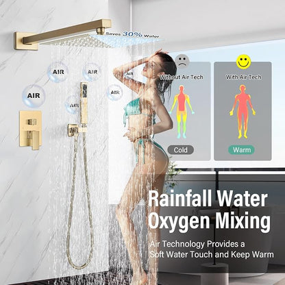 Shower Faucet Rain Shower System with 8 Inches Rainfall Shower Head and Handheld Spray Combo Bathroom Shower Faucet Set Complete Brushed Gold Shower Valve and Trim Kit Wall Mounted