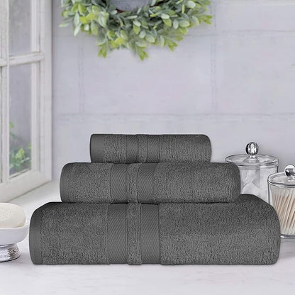 SUPERIOR Ultra-Soft 3-Piece Cotton Towel Set, Daily Use for Bathroom, Guest Room, Quick Dry, Set Includes 1 Bath Towel, 1 Hand Towel, and 1 Washcloth, Essential Plush Towels for Home - Charcoal