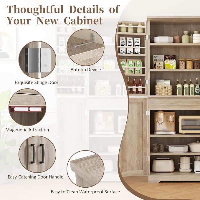 Shintenchi Kitchen Pantry Cabinet, Farmhouse Tall Cupboard, Ash Gray | Freestanding, with 8 Door Shelves, 2 Cabinets and 1 Drawer, for Kitchen, Living Room, Dining Room and Bathroom