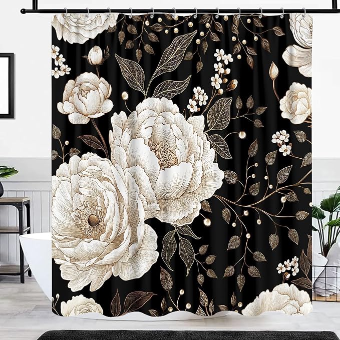 Black and Gold Shower Curtain, Dark Roses Leaves Botanical Aesthetic Boho Floral Shower Curtain for Bathroom with Hook, Vintage Rose Gold Flowers Fabric Unique Chic Shower Curtain Set with Hooks 72X78