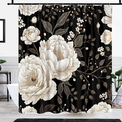 Black and Gold Shower Curtain, Dark Roses Leaves Botanical Aesthetic Boho Floral Shower Curtain for Bathroom with Hook, Vintage Rose Gold Flowers Fabric Unique Chic Shower Curtain Set with Hooks 72X78
