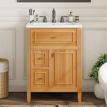 24" Modern Bathroom Vanity with Ceramic Sink, Solid Wood Frame Freestanding Storage Cabinet w/2 Drawers & Tilt-Out Drawer, Door Rack & Adjustable Shelf, Golden Metal Handles, Wood