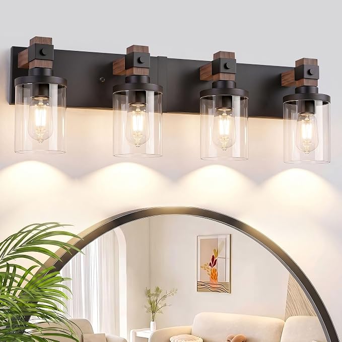 Farmhouse Bathroom Vanity Light Fixture, 4 Light Black Wood Over Mirror | Matte Black Metal & Wood with Clear Glass Shade, 4 Ligh Vanity Light Fixture Over Mirror for Farmhouse Industrial Bathroom