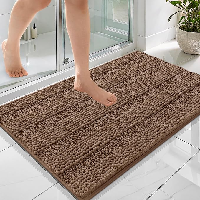OLANLY Thick Bathroom Rugs 36x24, Soft Chenille Striped Bath Rugs, Mocha | Rubber Backing, Machine Wash, Extra Absorbent Bath Mats for Bathroom Floor, Tub and Shower, Home Decor Accessories