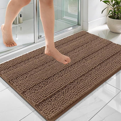 OLANLY Thick Bathroom Rugs 36x24, Soft Chenille Striped Bath Rugs, Mocha | Rubber Backing, Machine Wash, Extra Absorbent Bath Mats for Bathroom Floor, Tub and Shower, Home Decor Accessories