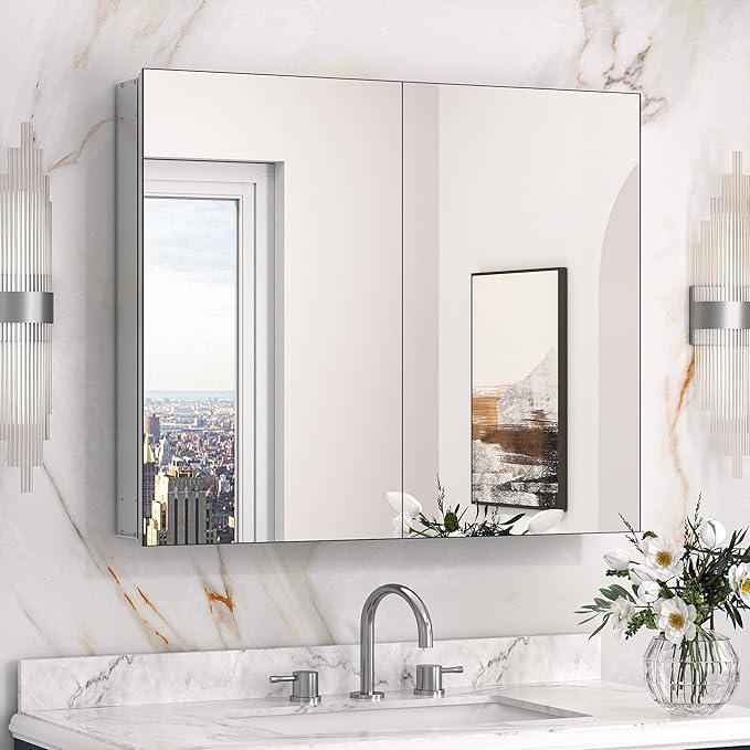 Keonjinn 30 x 26 Inch Bathroom Medicine Cabinet with Mirror, Ample Storage | Assembly Needed, Freely Adjustable Shelves, Tempered Glass, Surface Mount or in Wall, Durable DTC Hinges, Double-door, Silver