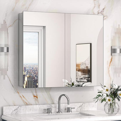 Keonjinn 30 x 26 Inch Bathroom Medicine Cabinet with Mirror, Ample Storage | Assembly Needed, Freely Adjustable Shelves, Tempered Glass, Surface Mount or in Wall, Durable DTC Hinges, Double-door, Silver