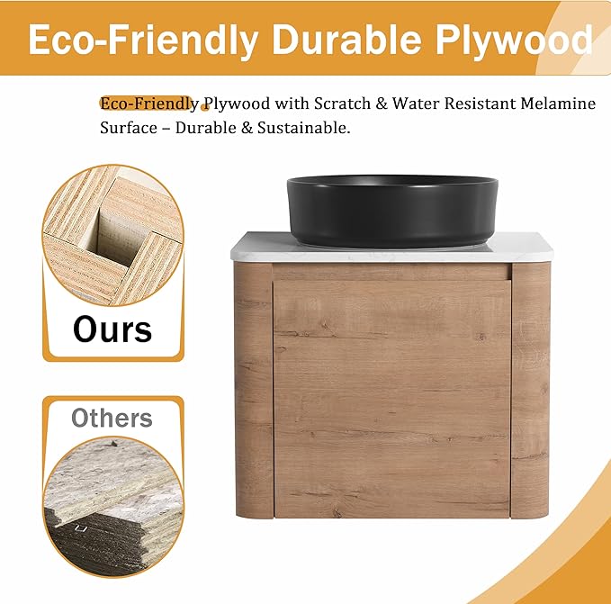 Malwee 24" Floating Bathroom Vanity with Sink, 24 Inch Wall Mounted Bathroom Cabinet Combo, Modern Single Sink Bath Storage Vanity Set, with 1 Soft Close Door and Ceramic Vessel Basin Top(24-CC