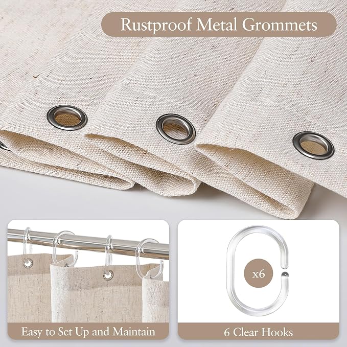 Linen Scallop Shower Curtain with 6 Clear Hooks, Waterproof, 36x72, Cream | Waterproof Heavy Duty Thick Fabric, Farmhouse Shower Curtains for Bathroom Shower Stall