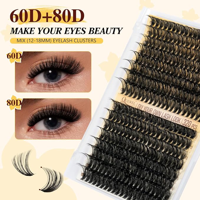 QUEWEL Lash Clusters Kit, 320Pcs 60D+80D Lash Cluster Eyelash Extensions | Mix 12-18mm 3D Eyelash Clusters with Lash Bond and Seal and Lash Tweezer Easily Create 3D Lashes Clusters at Home(60+80D Kit)