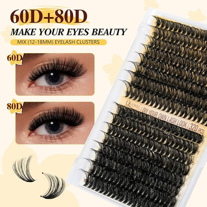 QUEWEL Lash Clusters Kit, 320Pcs 60D+80D Lash Cluster Eyelash Extensions | Mix 12-18mm 3D Eyelash Clusters with Lash Bond and Seal and Lash Tweezer Easily Create 3D Lashes Clusters at Home(60+80D Kit)