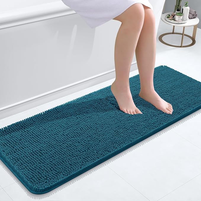OLANLY Bathroom Runner Rugs 47x17, Extra Soft Absorbent Chenille Bath Rugs | Peacock Blue, Quick-Drying Rubber Backing, Washable Long Bath Mat for Bathroom Floor, Tub and Shower, Home Decor Accessories