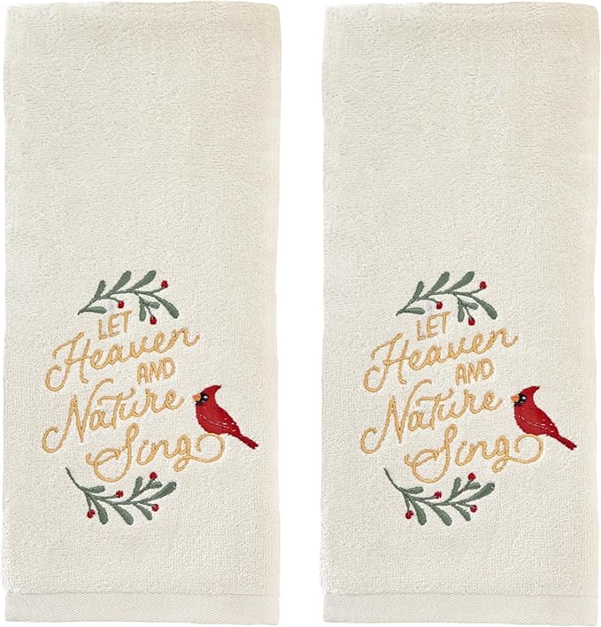 SKL Home Christmas/Winter Heaven & Nature Sing Hand Towel Set-2pc, Natural | 100% Cotton. Soft, embroidered velour. Great for the bathroom, kitchen or bar & holiday gifting.