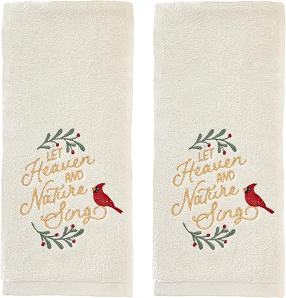SKL Home Christmas/Winter Heaven & Nature Sing Hand Towel Set-2pc, Natural | 100% Cotton. Soft, embroidered velour. Great for the bathroom, kitchen or bar & holiday gifting.