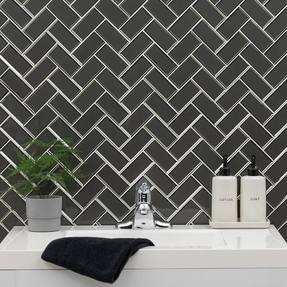 MSI Metallic Gray Bevel Herringbone Glass Tile for Kitchen Backsplash, Wall Tile for Bathroom, Accent Wall Tile, and Shower Wall Tile 13.86 in. x 11.08 in. Mesh-Mounted Mosaic Tile (10.6 sq. ft./case)