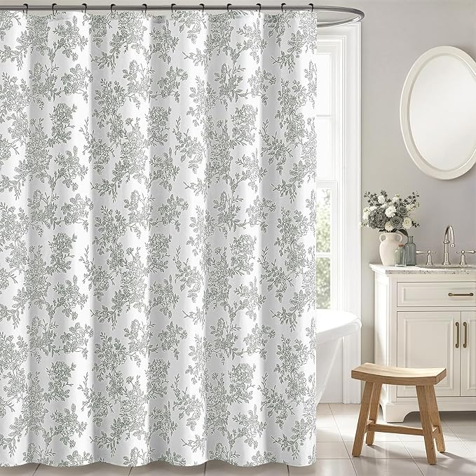 Grey Floral Shower Curtain W72*L72 Inches Long | Linen Textured Fabric, 12 Rustproof Metal Hooks, Wrinkle Resistant Cloth, Machine Washable, Bathroom Decor for Cottage Core