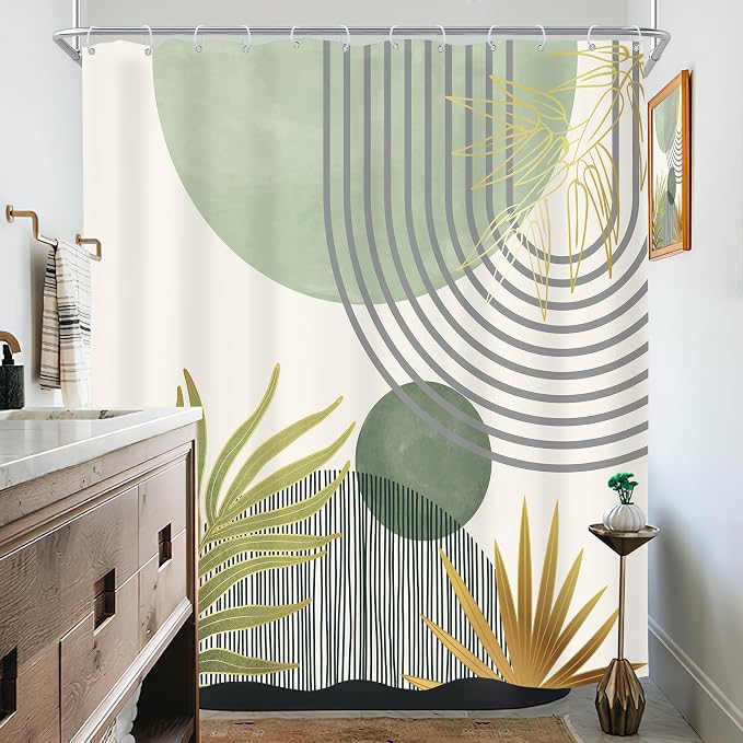 Mid Century Mint Green Boho Abstract Modern Bathroom Shower Curtain Set | 72Wx72L Plant design, waterproof HD print with fast-drying fabric and 12 hooks.