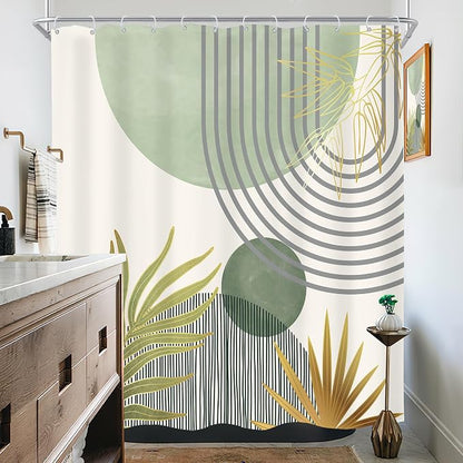 Mid Century Mint Green Boho Abstract Modern Bathroom Shower Curtain Set | 72Wx72L Plant design, waterproof HD print with fast-drying fabric and 12 hooks.