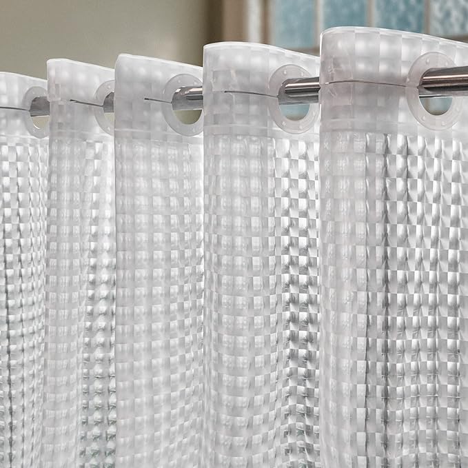 No Hook Shower Curtain or Liner, Standard Size 71 x 74, Square | 8G Heavy Duty, Grid Bathroom Shower Curtain, No Hooks Required, Waterproof Plastic & PVC Free