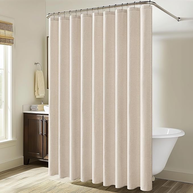 MIULEE W108*L72 Extra Wide Linen Shower Curtain Cream Beige 18 Metal Hooks | Washable, Large Fabric Curtain, Waterproof Neutral Thick Cloth Shower Curtains, Bathroom Hotel Bathtub