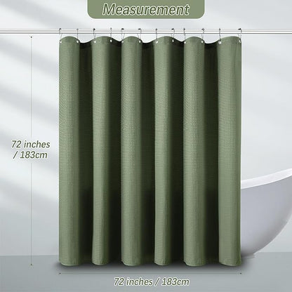 Sage Green Shower Curtain - Waffle Weave Fabric Heavy Duty for Bathroom, Water Repellent Weighted 256GSM Hotel Quality Machine Washable Bath Curtains with 12 Hooks, 72Wx72H