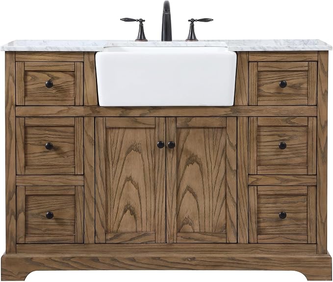 48" Pre-Assembled Bathroom Vanity with Sink, Solid Birch and MDF, Carrara White Marble Countertop Attached, Single Rectangle Porcelain Sink, 6 Soft-Close Drawers, Driftwood