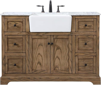 48" Pre-Assembled Bathroom Vanity with Sink, Solid Birch and MDF, Carrara White Marble Countertop Attached, Single Rectangle Porcelain Sink, 6 Soft-Close Drawers, Driftwood