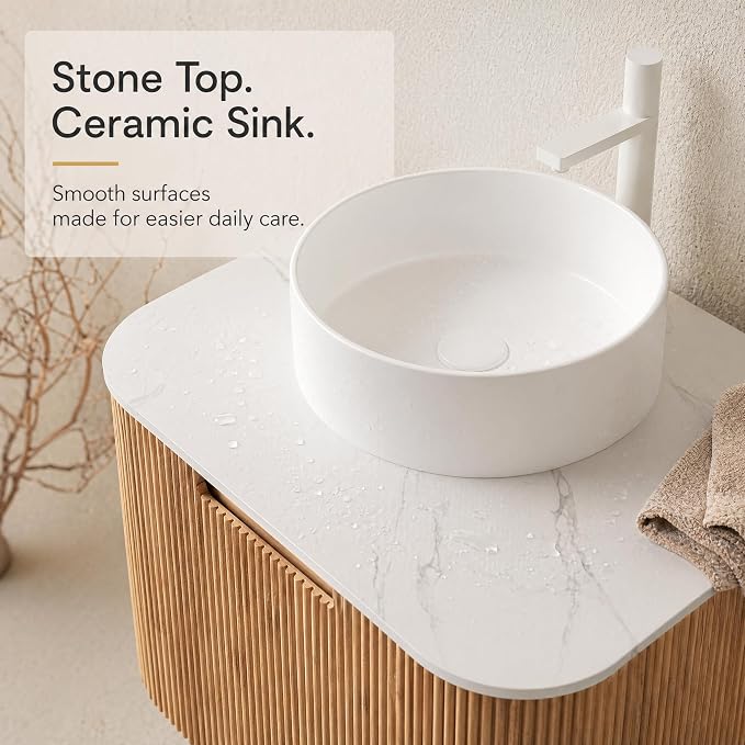 24 Inch Bathroom Vanity with Sink, Floating Wall Mounted Single Sink Vanity for Small Baths, Natural Woodgrain Curved Fluted Front, Stone Top, Pure White Round Vessel Basin, Pre-Assembled