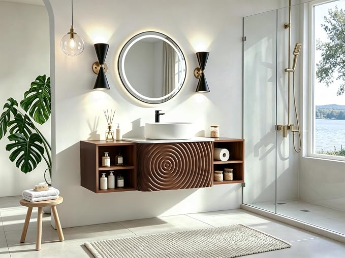 48" Floating Bathroom Vanity with Sink, Mid-Century Wall Mounted Bathroom Vanity Cabinet with Wood Waved Decor,Ceramic Vessel Basin and Sintered Stone Top, Soft Close Drawer, 2 Side Open Cube
