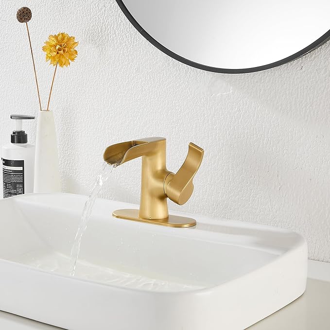 Single Handle Bathroom Faucet Antique Brass WaterfallGGStudy Bathroom Vanity Faucet Black Basin Matching Pop Up Drain with Overflow