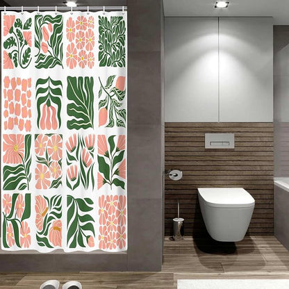 JAWO Retro Floral Shower Curtain Cute Vintage Boho Shower Curtains for Bathroom Decor Pink Green Botanical Geometric Groovy Aesthetic Abstract Flowers Pattern Shower Curtain Sets with Hooks, 36X72IN
