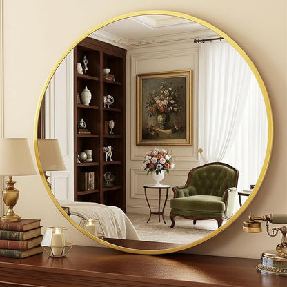 Antok 30 Inch Round Mirror for Wall, Round Bathroom Mirror, Circle Wall Mirrors with Gold Metal Frame, Circle Mirrors Suitable for Wall, Bathroom, Vanity, Living Room, Entryway