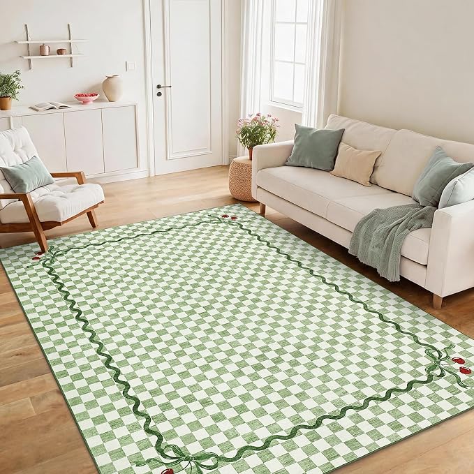 Garvee Washable Sage Green 8x10 Area Rug for Living Room Checkered Cherry | Coquette Non Slip Soft Bedroom Rugs Non Shedding Low Pile Stain Resistant Carpet for Nursery Grils Room Dorm Playroom Office