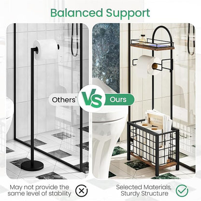 Toilet Paper Holder Stand, Freestanding Toilet Paper Holder with Shelf & Basket, Bathroom Tissue Organizer for Small Space, 3-Tier Storage for Bath Toilet Office Rustic Brown and Black TTS70BF