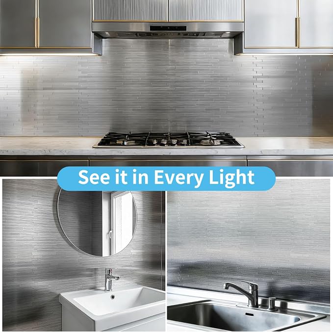 Art3d 10-Pack Metal Peel and Stick Backsplash Tile, Silver Parallel | 12" x 12", Stainless Steel, Self Adhesive, Anti-Corrosion, Waterproof, Lightweight, Ideal for Kitchens, Bathrooms