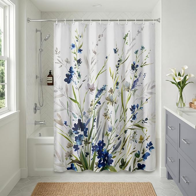 Americanflat 71x74 Floral Shower Curtain - Water-Resistant Long Shower Curtain with Durable Metal Grommets and 12 Hooks - 100% Polyester - Botanical Bathroom Curtains - Blue, Green, Taupe and White