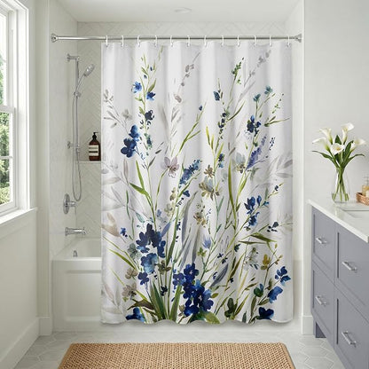 Americanflat 71x74 Floral Shower Curtain - Water-Resistant Long Shower Curtain with Durable Metal Grommets and 12 Hooks - 100% Polyester - Botanical Bathroom Curtains - Blue, Green, Taupe and White