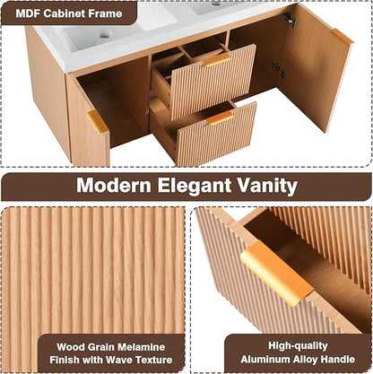 Merax 48" Bathroom Vanities Cabinet with Double Sinks Combo, Modern Floating Bathroom Vanity with Resin Countertop, Soft-Close System and Divided Drawers, Nature Wood