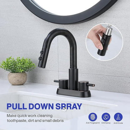 Bathroom Faucet with Sprayer, Oil Rubbed Bronze 2 Handles with Pop-Up Drain | Kablle 3 Holes Pull Out 4 inch Centerset Laundry Bar Basin Pull Out Faucet with Pop-Up Drain, KBL-MP-6002ORB-CL