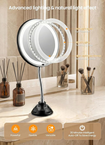 10x Makeup Mirror with Lights, Flexible Magnifying Mirror 3 Light Modes | Wall-Mounted Lighted Vanity Makeup Mirror, Cordless Battery Operated LED Mirror with Suction Cups for Shower Bathroom