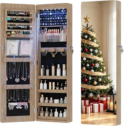 HNEBC Jewelry Cabinet with Lights,Wall Mounted Jewelry Organizer with Full-Length Mirror,Over The Door Hanging Jewelry Armoire Storage Cabinet,Lockable,Gift Idea-Brown