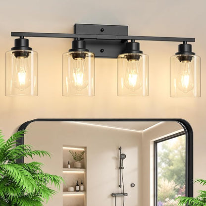 Ascher 4 Light Bathroom Light Fixture, Matte Black Bathroom Lighting Fixtures Over Mirror, Vanity Light with Clear Glass Shade, Wall Sconce for Living Room Bedroom Cabinet, E26 Base