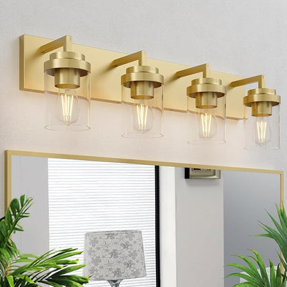 Espird Bathroom Lighting Fixtures, 4-Light Bathroom Vanity Lights Over Mirror, Brass Vanity Light with Glass Shade, Modern Vanity Lighting Fixtures for Bedroom, Hallway