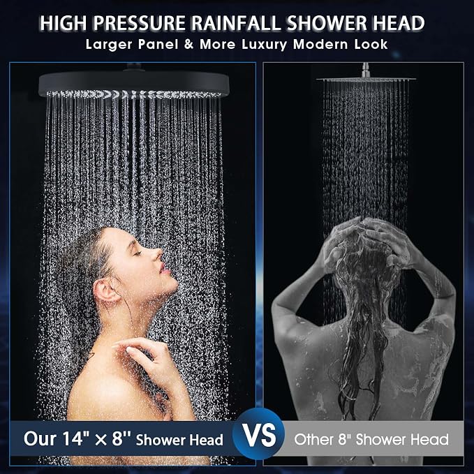 PDPBath 14 Inch Rain Shower Head with 5+1 Settings Handheld Spray Combo, High Pressure Rainfall Shower Head with 16'' Upgrade Adjustable Extension Arm, 79" Extra Long Hose, 3-Way Diverter, Matte Black