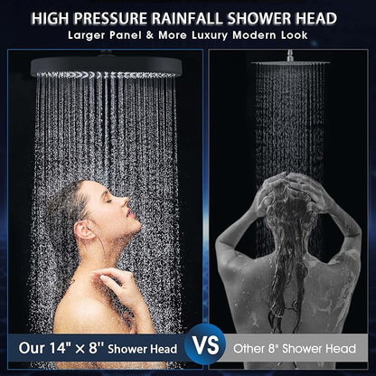 PDPBath 14 Inch Rain Shower Head with 5+1 Settings Handheld Spray Combo, High Pressure Rainfall Shower Head with 16'' Upgrade Adjustable Extension Arm, 79" Extra Long Hose, 3-Way Diverter, Matte Black