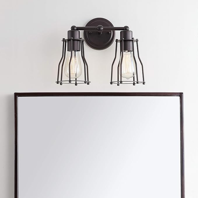 JONATHAN Y 12.5" Oil Rubbed Bronze Modern Industrial Metal Vanity Light, Bathroom Sconce for Mirror, Reversible 2-Light Wall Lamp with Metal Cage Shade for Hallway, LED Bulb Included (JYL7420A)