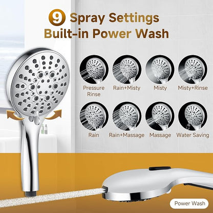 BRIGHT SHOWERS Rain Shower Heads System Including Rainfall Shower Head and Handheld Shower Head with Height Adjustable Holder, Solid Brass Rail, 60 Inch Long Stainless Steel Shower Hose, Chrome