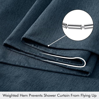 ANRODUO Navy Blue Linen Shower Curtain, Fabric Shower Curtain with 12 Metal Hooks, Waterproof Heavy Duty Polyester, Button Hole Design, Machine Washable for Bathroom Hotel Bathtub, W72xL72